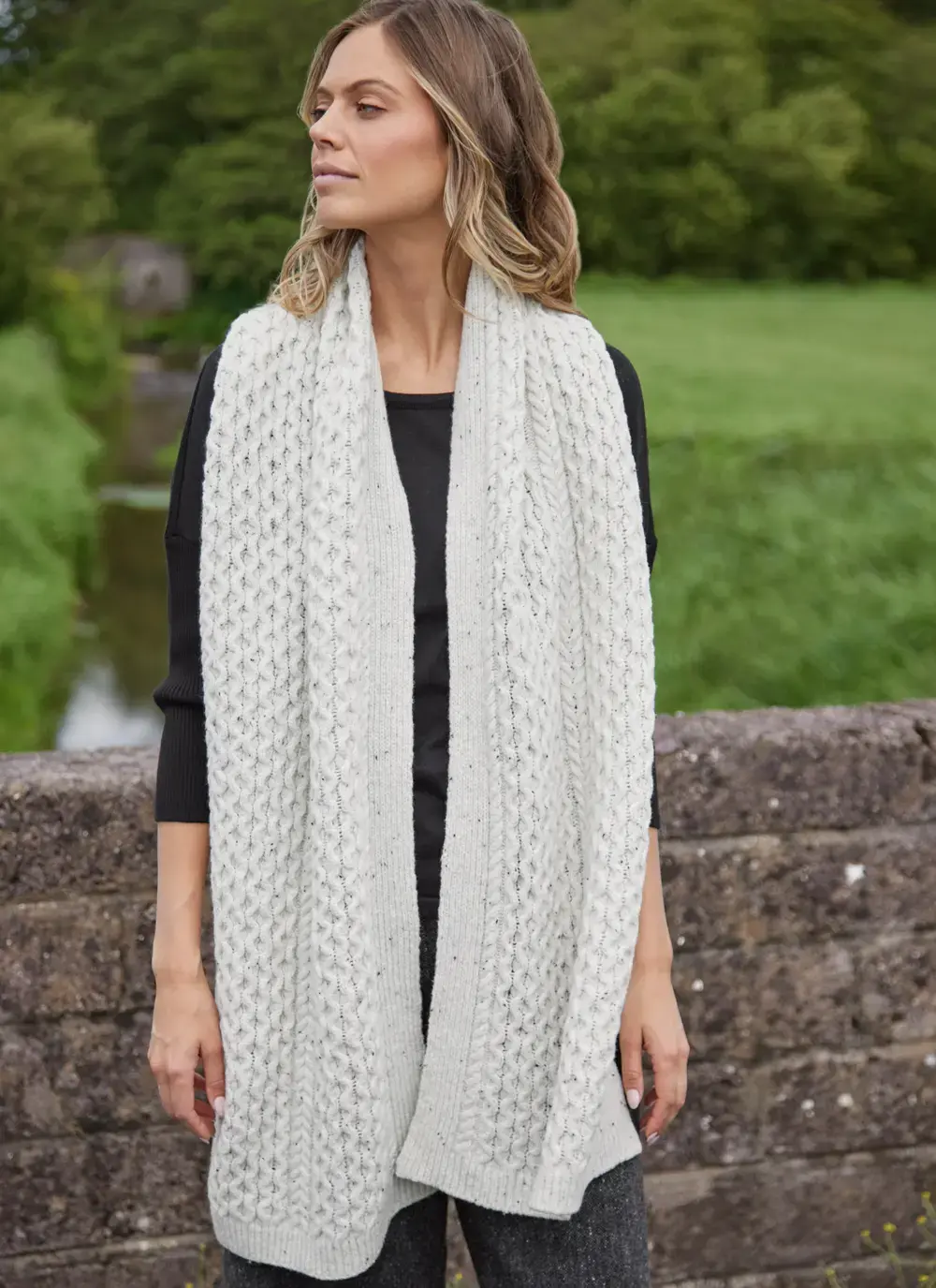Cashmere Wool Donegal Aran Blanket Scarf in Snowdrop Honeycomb Stitch